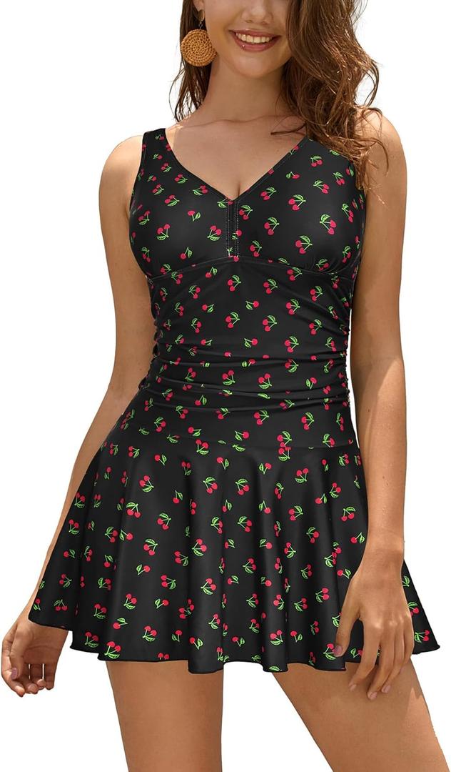 SHEKINI Women's V Neck One Piece Skirt Swimsuit Ruched Retro Swimdress Bathing Suit (Black-cherry, X-Small)