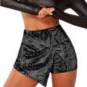 SHENHE Women's Glitter Shiny Shorts O Ring Wrap Skort Skirt Party Rave Sparkle Shorts (Black) S