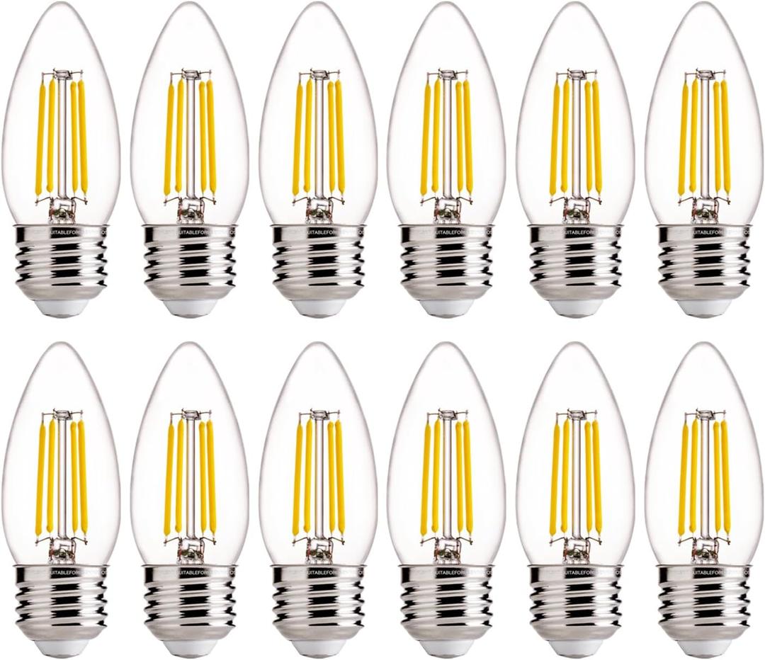 FLSNT 60W Equivalent LED Chandelier Light Bulbs, Dimmable LED B11 E26 Candelabra Base Bulbs, 3500K Natural White, 550LM, 12 Pack UL,CA65 Listed.