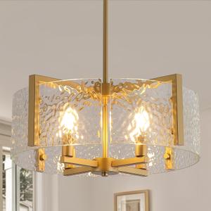 Modern Glass Chandeliers, 4 Light 18.1" Gold Chandelier for Dining Room Gold Pendant Light Fixture for Kitchen Island Bedroom, Living Room, Clear Ripple Glass Shade (E12 Bulbs Not Included)