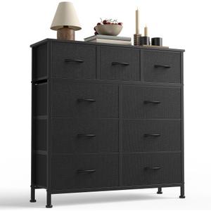 Sweetcrispy 9-Drawer Fabric Dresser Storage Tower with Wood Top and Steel Frame, Organizer Chest with Easy Pull Handles for Bedroom, Closet, Hallway, Classic Black