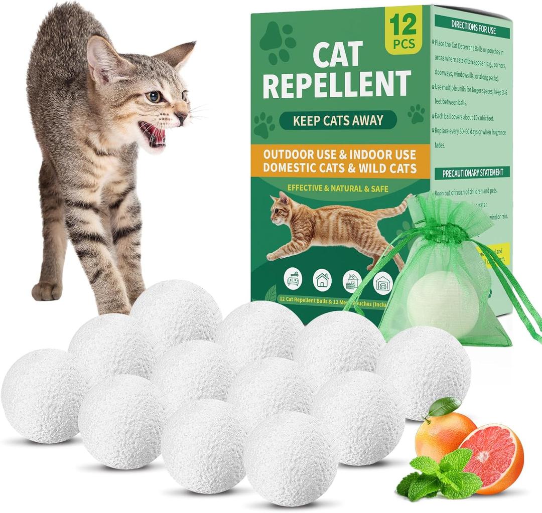 Cat Repellent Outdoor & Indoor, Cat Deterrent Outdoor Indoor, Natural Essential Oil Ball, Anti Cats Scratch for Furniture, Keep Cats Out of Yard, Keep Cats Away from Garden, Lawn Plants, 12 Packs