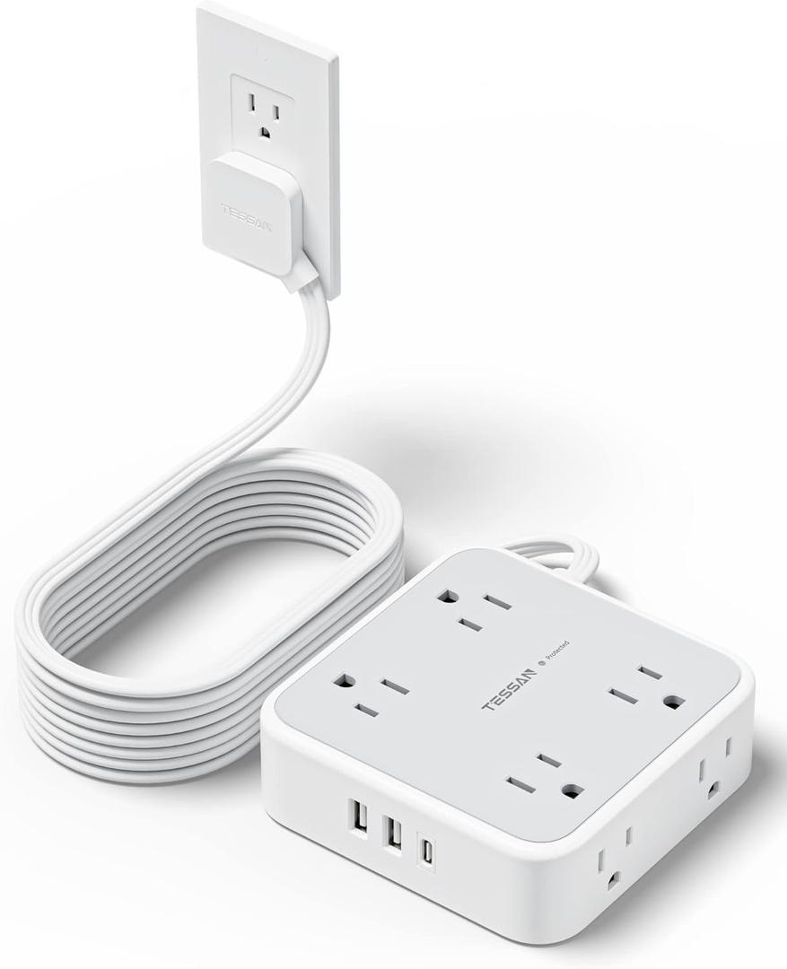 TESSAN Surge Protector Power Strip, 15 Ft Flat Plug Extension Cord with 3 USB (1 USB C) 8 Outlets, 1250W, 900J Protection, 3 Sided Outlet Extender with Power Switch for Office, Dorm Room, Grey