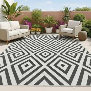 Outdoor Rug - 8x10 Outdoor Area Rug for Patio - Easy to Clean - Black and White Diamond Pattern - Outside Rug by Joylee