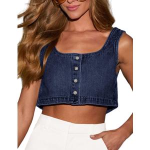 Orchidays Womens Reversible Tank Top Sleeveless Crop Tee Button Denim Blouse (XL)
