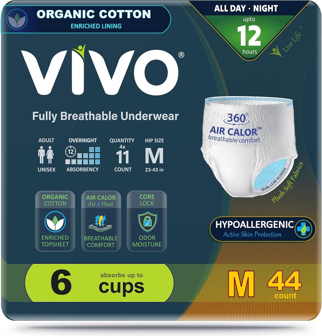 VIVO Organic Cotton Sensitive Skin Overnight Adult Incontinence Pullup Underwear, Women & Men, Medium 44 Count