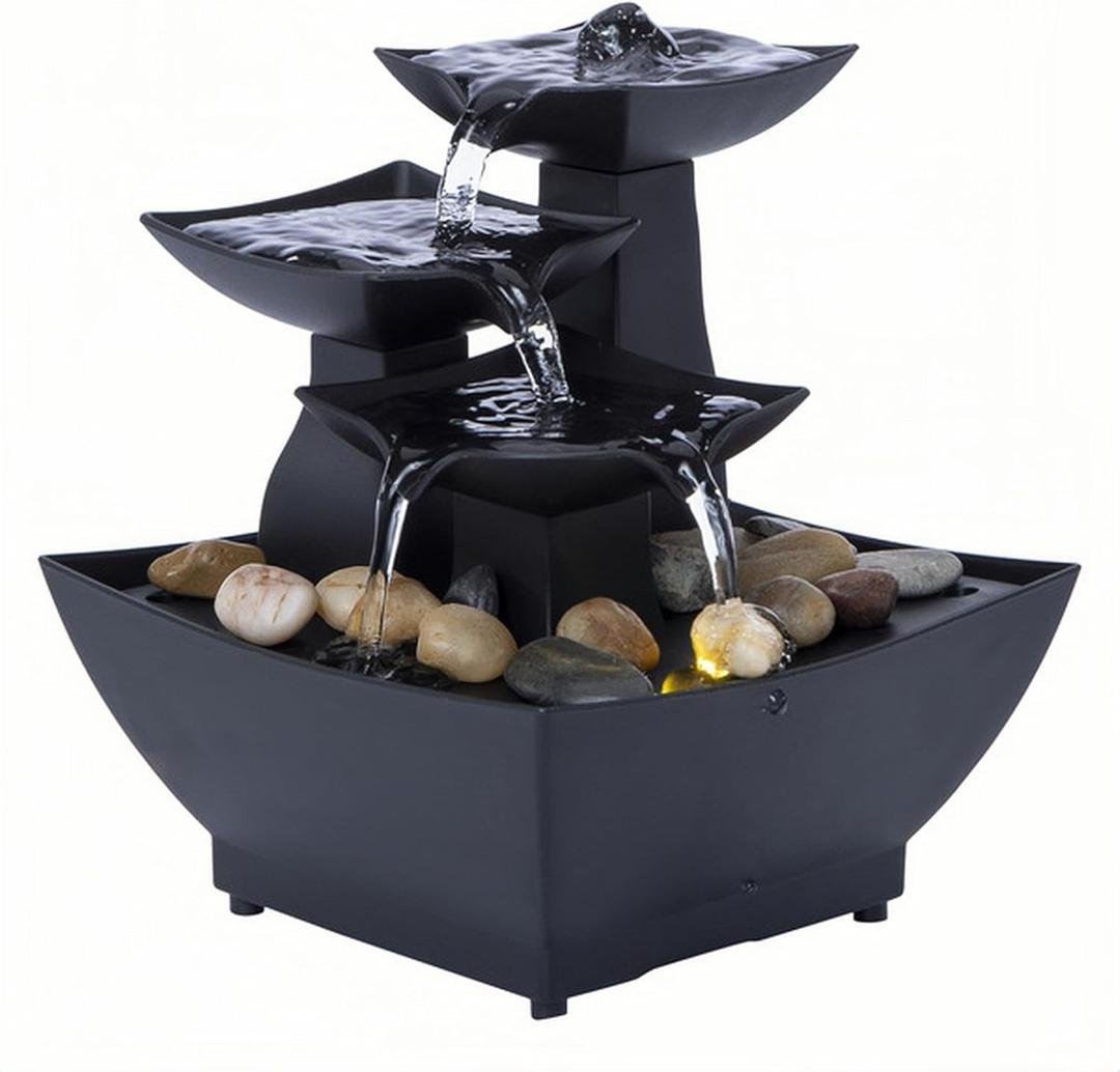 Mini Indoor Water Fountain with Yellow LED Light USB-C Powered Tabletop Fountain with Real Stones Compact Water Feature for Home, Office, Desk, Bedroom Decor Black