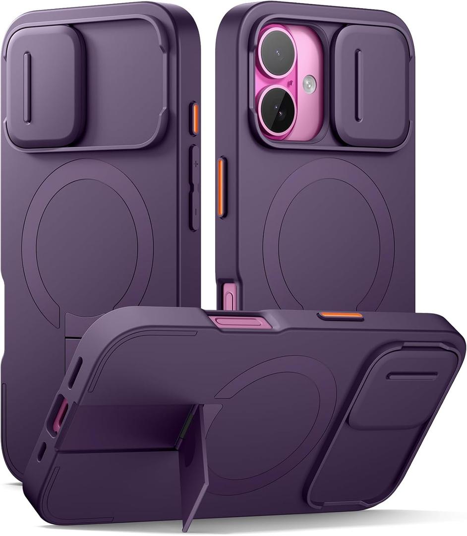 SURITCH for iPhone 16 Case with Magnetic Camera Slide Cover and Adjustable Kickstand, Compatible with MagSafe, Shockproof Bumper Case Slim Protective Cover 6.1 Inch, Dark Purple