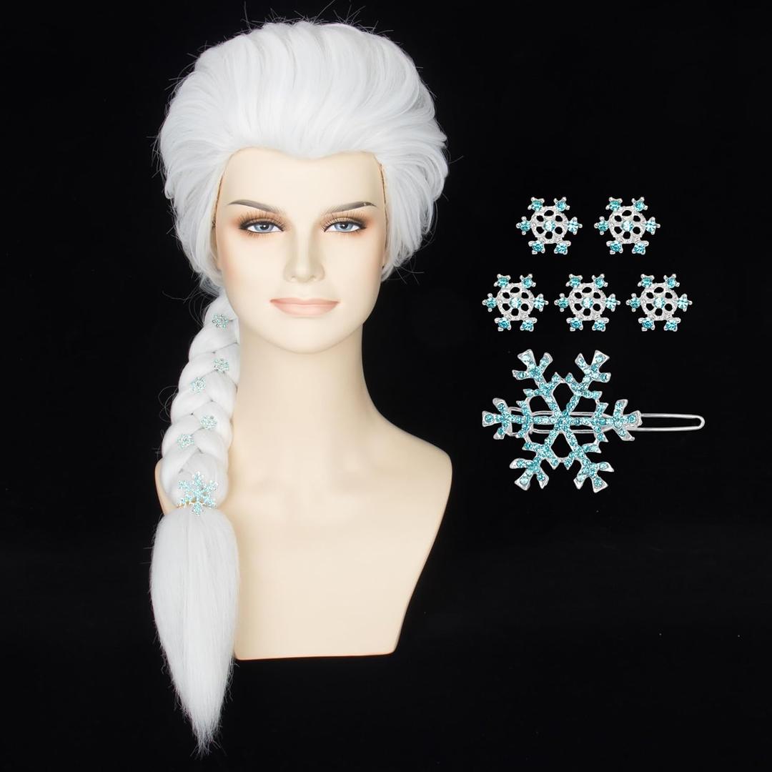 Miss U Hair Women Long Straight White Braided Wig with Snowflake Hairpin Princess Halloween Cosplay Costume Wig