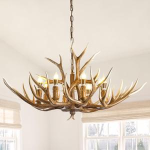 Antlers Chandelier 8 Light,Deer Antler Chandelier Lighting Resin Faux Horn Antler Lighting Rustic Vintage Farmhouse Pendant Lamp for Log Cabin, Dining Room, Kitchen Island(8 Lamp Arms), YY-8026-8