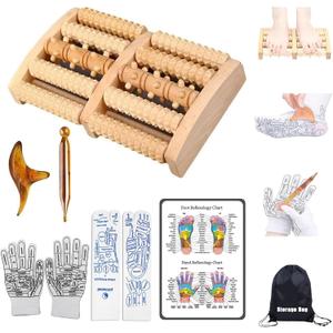 Wooden Foot Massager Roller with Reflexology Socks and Gloves Tools Set for Circulation, Pain Relief in Wide Feet, Health Promotion, Gift for Mom, Dad, or Elderly