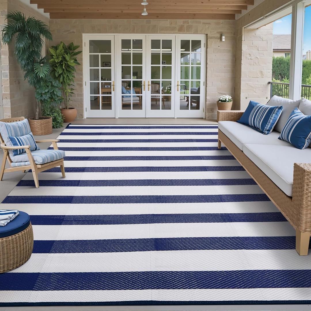 PureCozy Outdoor Waterproof Patio Rug 10x14 Plastic Straw Reversible Lightweight Outside Navy Blue Striped Large Carpet Outdoor for Camping RV Porch Deck Balcony Beach