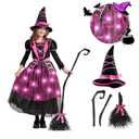 Spooktacular Creations Halloween Witch Costume Kids, Light Up Witch Dress with Hat and Broom for Girls, Toddlers Bat Outfit Set for Halloween Costumes Role Play Parties, Pink (Large(10-12 yrs)