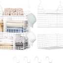 HapiRm Hanging Closet Organizer Storage - 3 Tier Metal Stackable Hanging Closet Shelves with Dividers and S Hooks, Foldable Clothes Shelves for Clothes, Pants, Shoes, Coat, Hats Clutches Accessories (White)