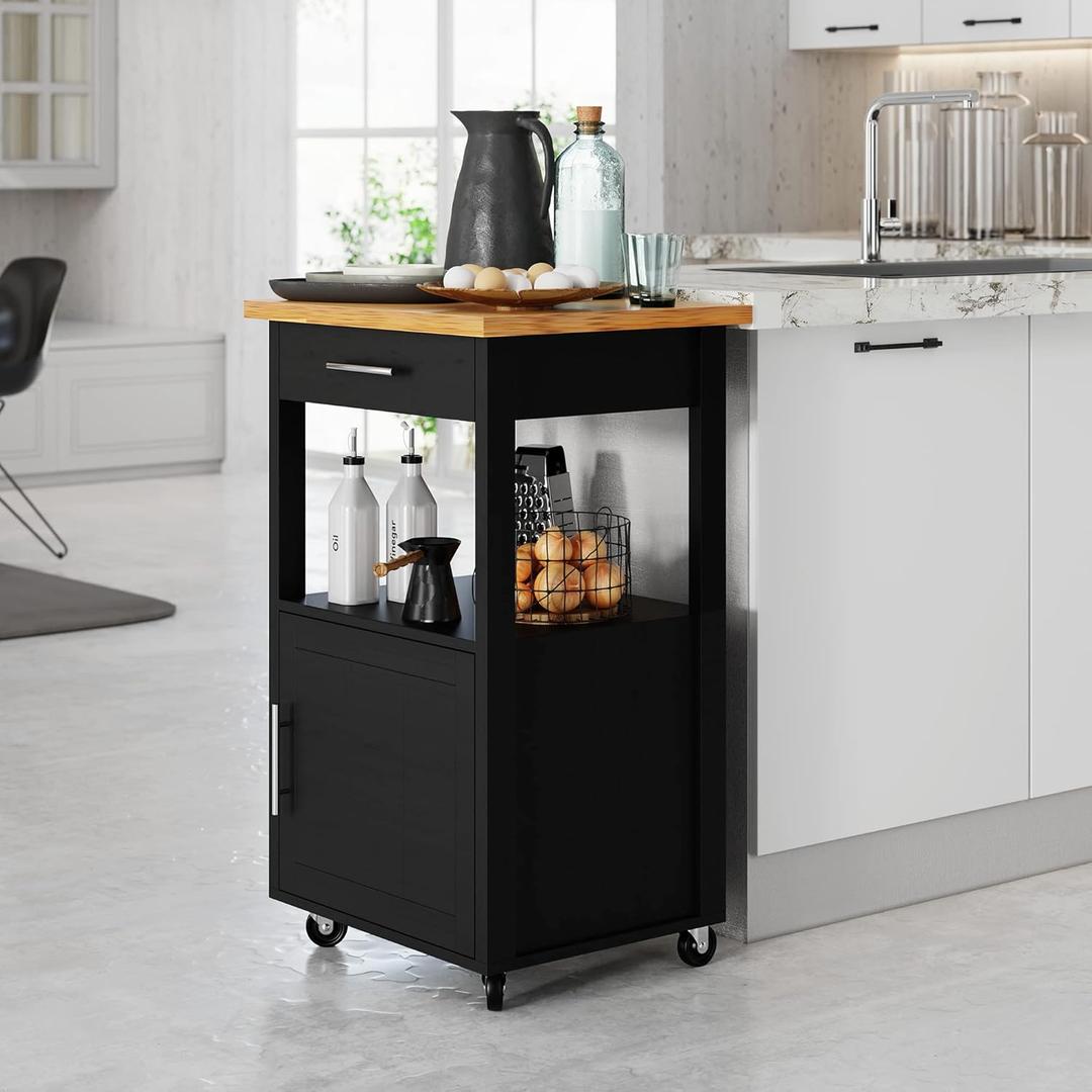 Shintenchi Kitchen Island Cart with Storage,Rolling Kitchen Island Side Table on Wheels with Worktop,Single Door Storage Cabinet and Drawer for Kitchen,Dinning Room, Black (22inch)