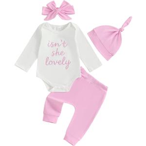 Gueuusu Newborn Girl Coming Home Outfit Isn't She Lovely Baby Romper Long Pants Hat Headband Cute Fall Clothes 0 3 6 12 18M (Pink, 12-18 Months) (White)