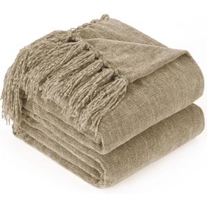 Chenille Throw Blanket for Couch with Tassels,60"X80" Soft Cozy Lightweight Knitted Boho Decorative Blankets for Bed and Sofa,Taupe