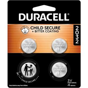 Duracell 2032 Lithium Battery. 4 Count Pack. Child Safety Features. Compatible with Apple AirTag, Key Fob, and other devices. CR2032 Lithium 3V Cell. 2032 Battery, Lithium Coin Battery
