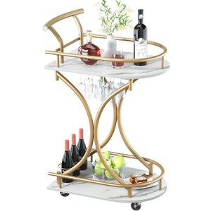 Bar Cart with Wheels Handle Rolling Home Bar Serving Carts 2 Tier Curved Anti-Collision Storage Small Trolley with Wine Rack and Glass Holder for Kitchen Dining Room Living Room Gold