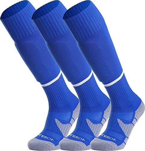 APTESOL Youth Soccer Socks Boys Girls Women Knee High Team Sport Cushion Sock Kids Long Tube Cotton Athletic Compression Socks (3-Pair Blue-B, Small)