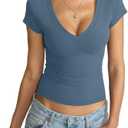 EasyGala Womens Deep V Neck Short Sleeve Shirts Sexy Slim Fit Crop Tops Basic Tees Going Out Summer Outfits L