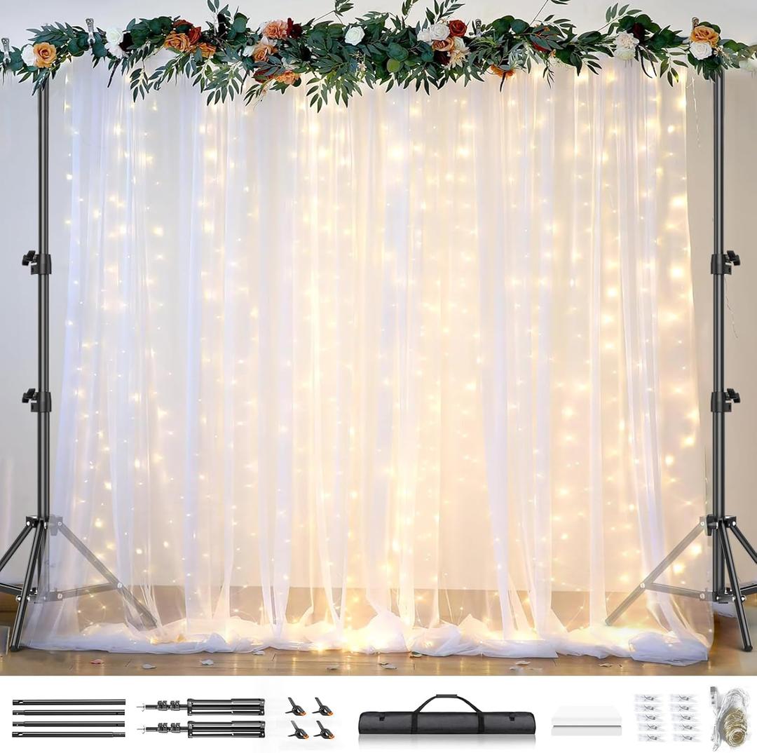Background Stand Kit, 10x10 FT White Tulle Backdrop Curtain with Lights String & 8.5X10 FT Backdrop Stand, Background Support Kit for Wedding Birthday Party Baby Shower Photo Backdrop Decorations