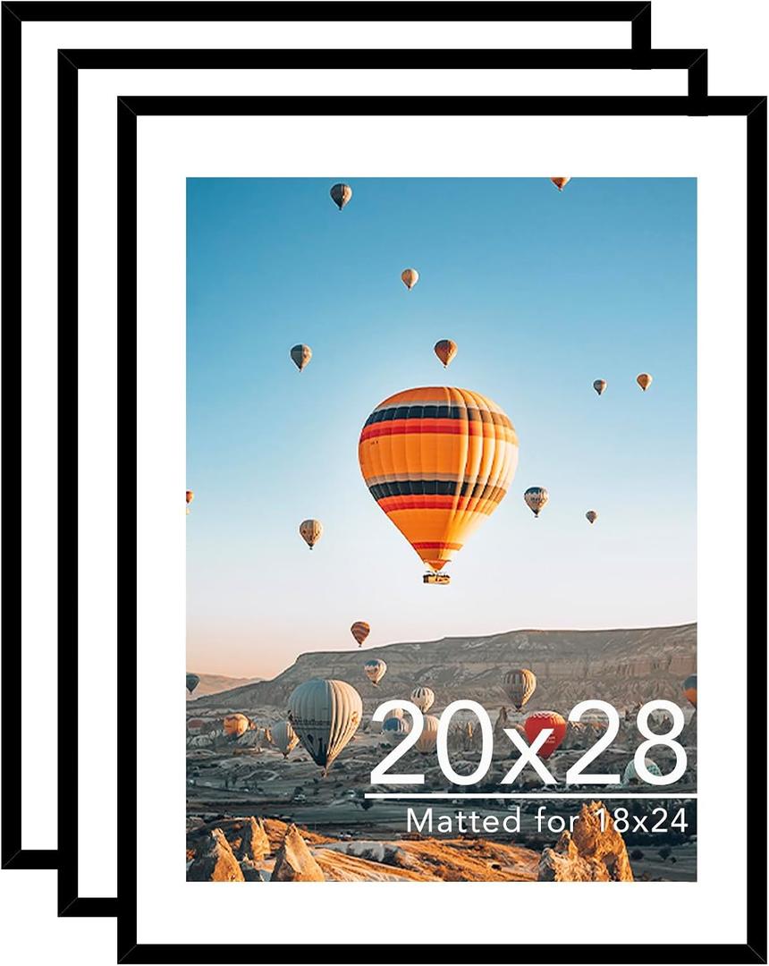JCJMY 20x28 Picture Frame with 18x24 Mat Set of 3, Display Photo 18x24 with Mat or 20 x 28 Without Mat, Wall Hanging Large 20 by 28 Poster Frame with Plexiglass, 3 Pack, Black
