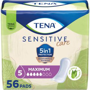 TENA Sensitive Care Incontinence Pads, Bladder Control & Postpartum for Women, Maximum Absorbency, Regular Length, 56 Count