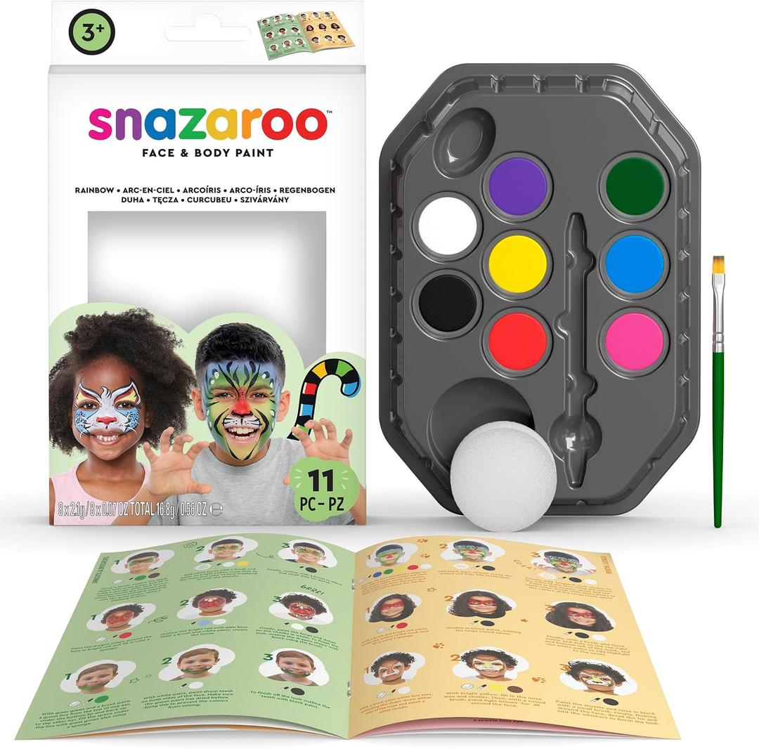 Snazaroo Face Paint Set, Rainbow, 8 Colors with Accessories - Complete Face Painting Kit, Safe Water-Based Formula for Halloween, Birthday Parties, Theater