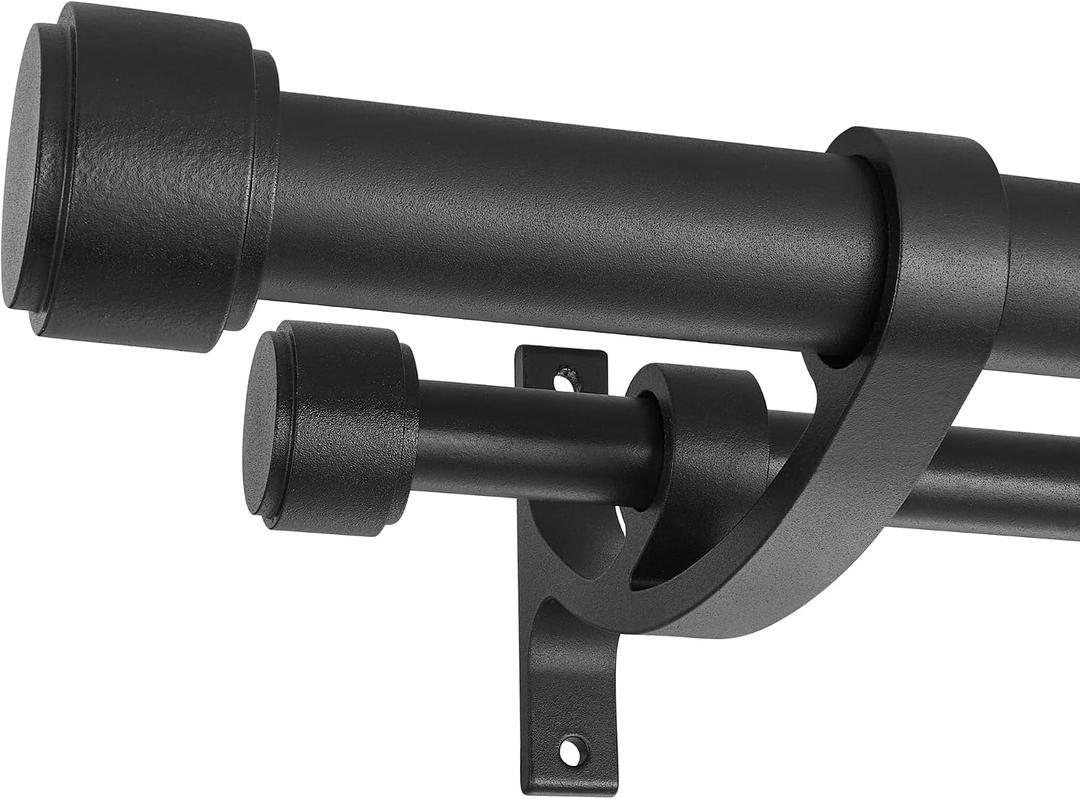 Double Curtain Rods with Aluminum Bouquet Brackets and End Cap Finials, Matte Black Curtain Rods for Windows 36 to 72'',1''Front and 5/8''Back Double Drapery Rods for Blackout and Sheer Curtain Panels