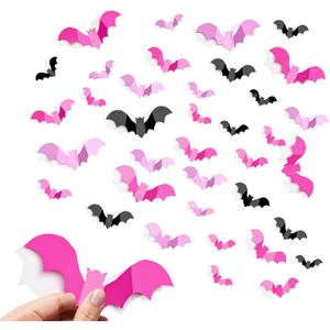 2 x Pink Halloween Decor, Spooky Halloween Party Supplies Stickers, 3D Bats Wall Decal, Cute Halloween Decorations Indoor for Bedroom, Bathroom, Home, Door, Window, Office