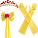 3 Pcs Princess Rose Crown Tiara Hair Bow Yellow Gloves Women Dress Up Party Costume Accessories