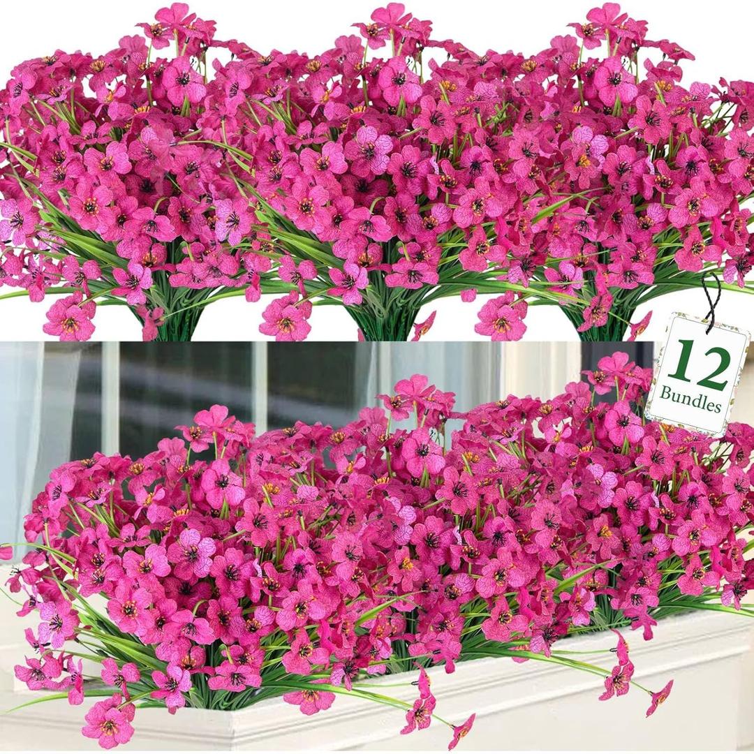 Ouddy Decor 12 Bundles Artificial Flowers for Decorations Fake Silk Plants for Outdoors UV Resistant Faux Plastic Greenery Stems for Garden Porch Window Box Home Spring Decor, Rose Red