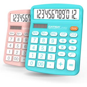 CATIGA Desktop Calculator (2 Pack) 12 Digit with Large LCD Display and Sensitive Button, Solar and Battery Dual Power, Standard Function for Office, Home, School, CD-2786 (Light Blue/Light Pink)