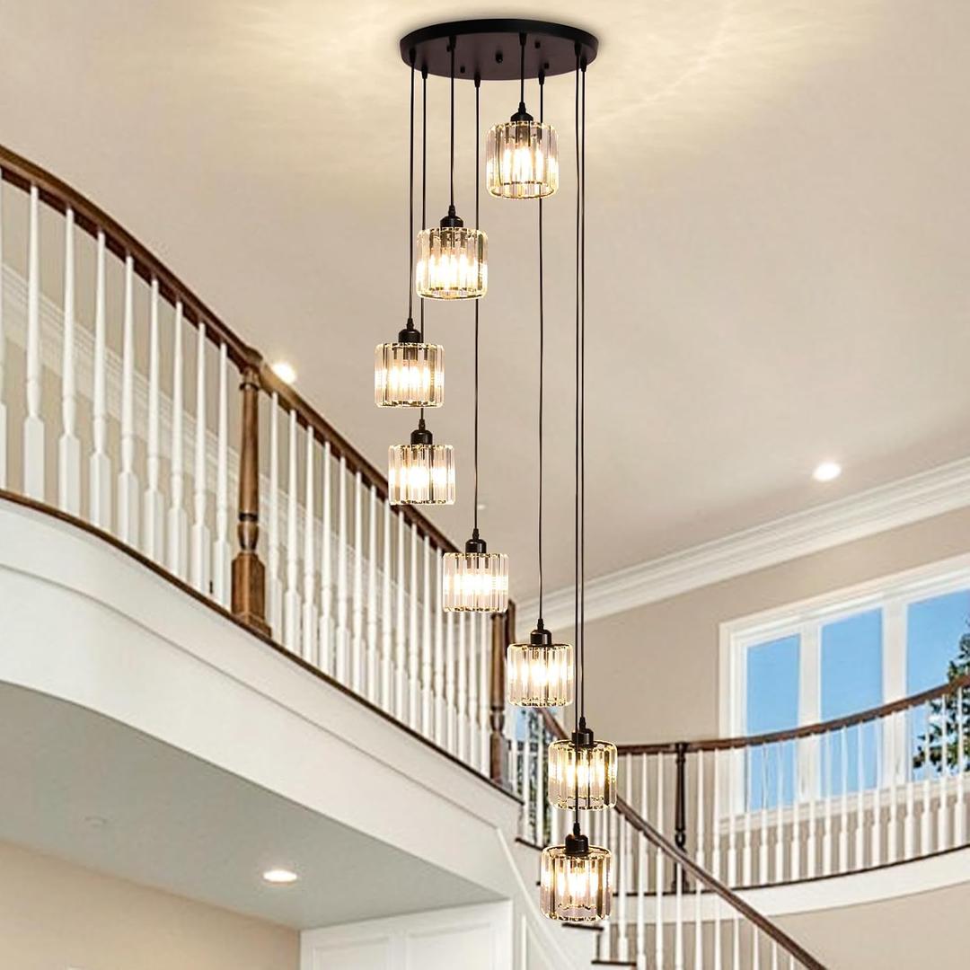 High Ceiling Long Pendant Light Fixtures Modern Crystal Hanging Chandeliers Flush Mount Ceiling Light for Spiral Staircase Entryway Foyer, Black (8-Lights), 5.1 inches