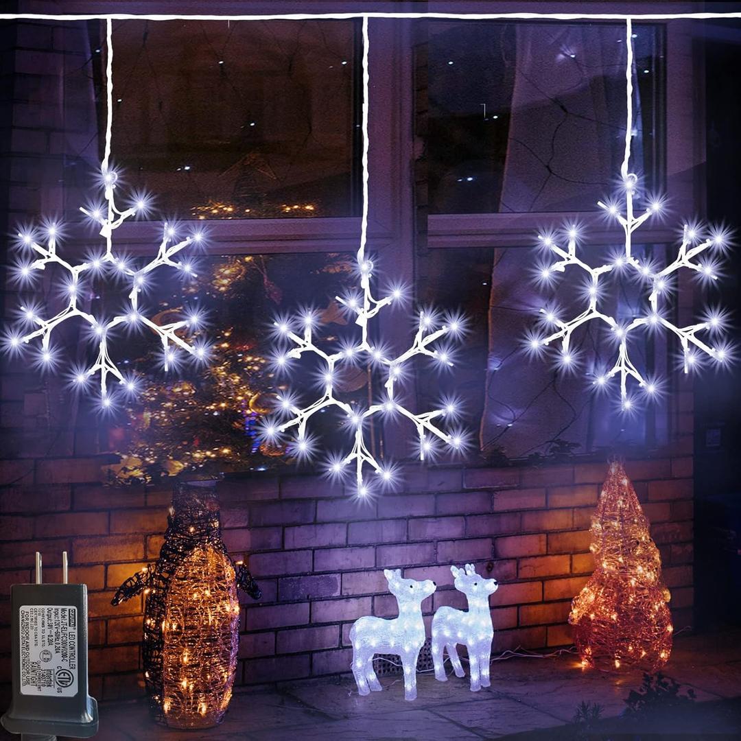 Christmas Snowflake Icicle Lights Outdoor Decoration, LED String Lights 8 Modes, Hanging Twinkle Fairy Lights for Roof Window Home Party Garden Yard Christmas Decoration, White