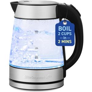 Elite Gourmet EKT-602 Electric BPA-Free Glass Kettle, Cordless 360 Base, Stylish Blue LED Interior, Handy Auto Shut-Off Function  Quickly Boil Water For Tea & More (Stainless Steel/Glass)