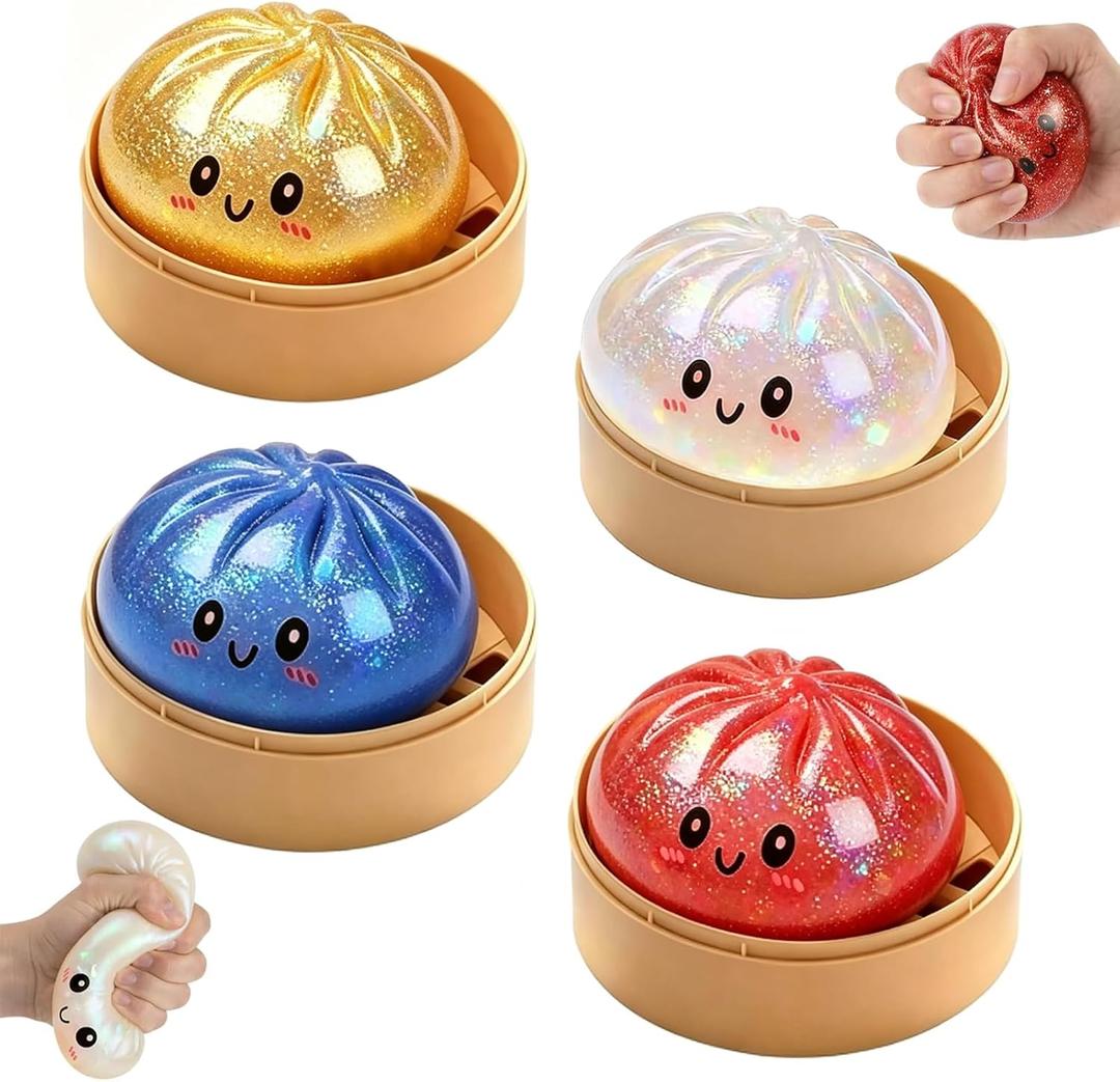 4Pcs Giant Dumpling Squishy, Dumpling Squeeze Toy,Giant Dumplings Glitter Box, Colorful Sensory Toys Stress Relief Ball, Squishy Toy with Steamer Box, Soft Squeeze Decompression Dough