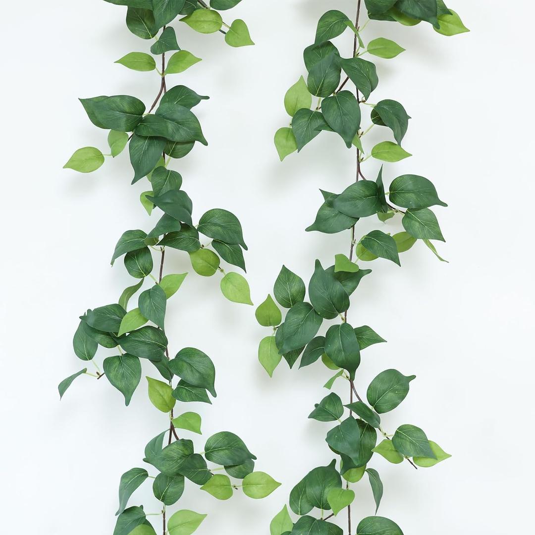mizii 2 Strands Artificial Scindaps Vines Garland 73" Fake Vine with Silk Green Leaves Faux Evergreen Hanging Plants Greenery Decoration for Party Wedding Bedroom Home Wall Room Decor (Scindapsus)