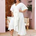 SCOMCHIC Women Plus Size Maxi Dress Short Sleeve Wrap V Neck High Low Split Ruffle Long Dress (White)