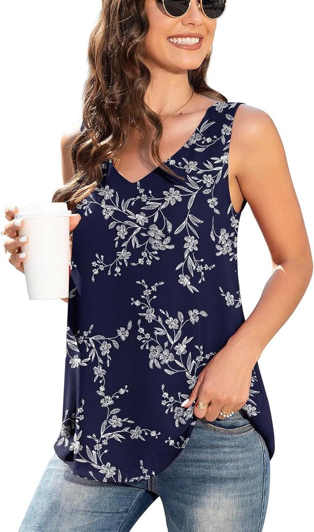 Jouica Women's Casual Sleeveless Blouse Dressy Tank Top for Women Evening,Navy Blue Leaves,XX-Large