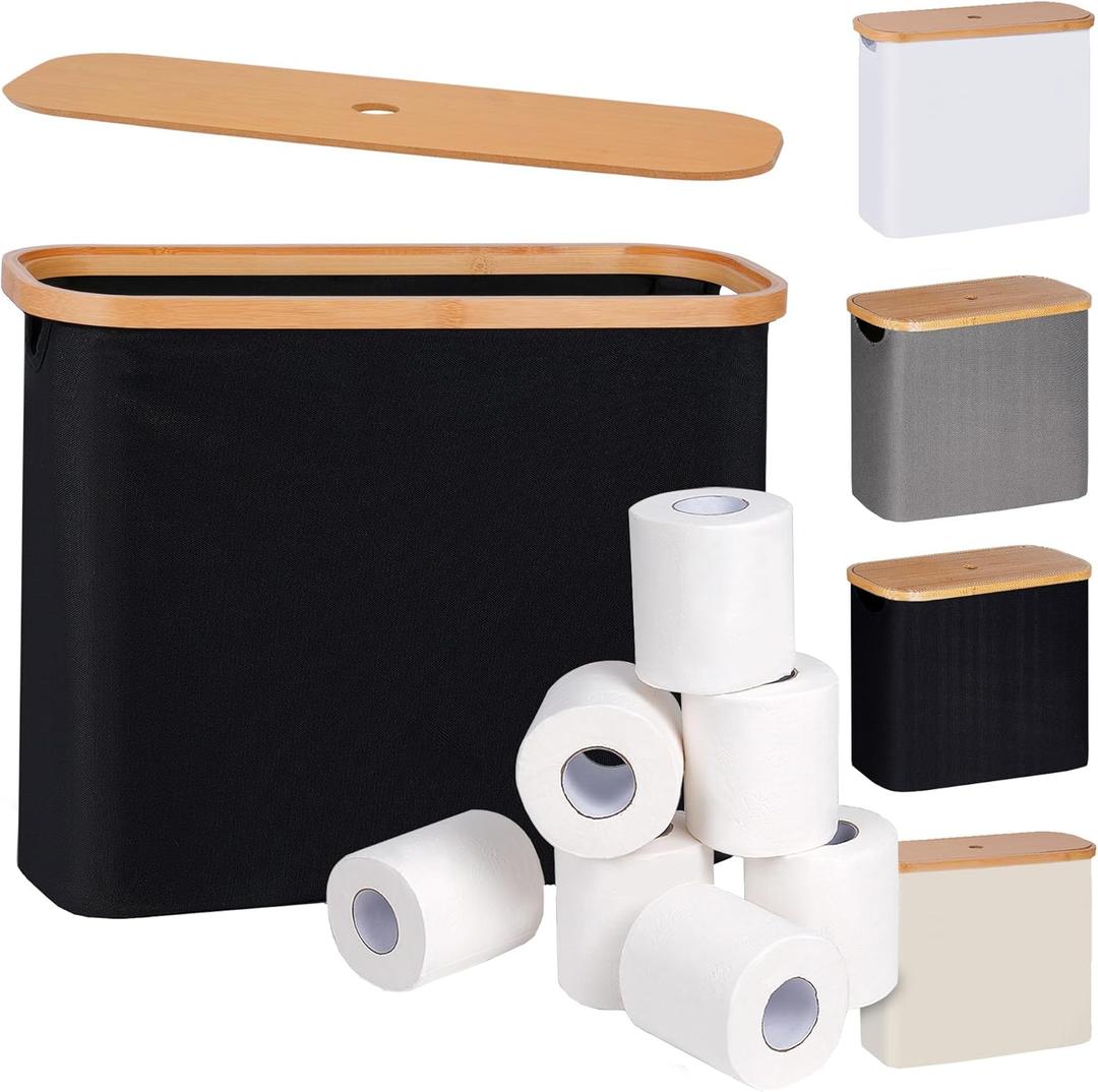 eFluky Toilet Paper Storage Basket with Lid, Free Standing Holder for Up to 9 Mega Rolls, Black