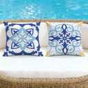 NIGHTWISH Outdoor Waterproof Pillow Covers 18x18 Set of 4 Blue Boho Decorative Outdoor Throw Pillows Floral Cushion Cases for Patio Furniture Bench Couch Sunbrella