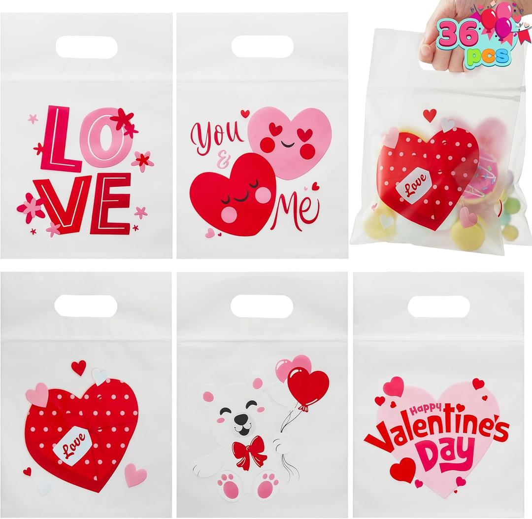 JOYIN 36 Pcs Valentines Day Cellophane Gift Bag, Candy Treat Bags,Goodie Bags with 6 Designs for Kids Party Favor Supplies, Classroom Exchange Prizes