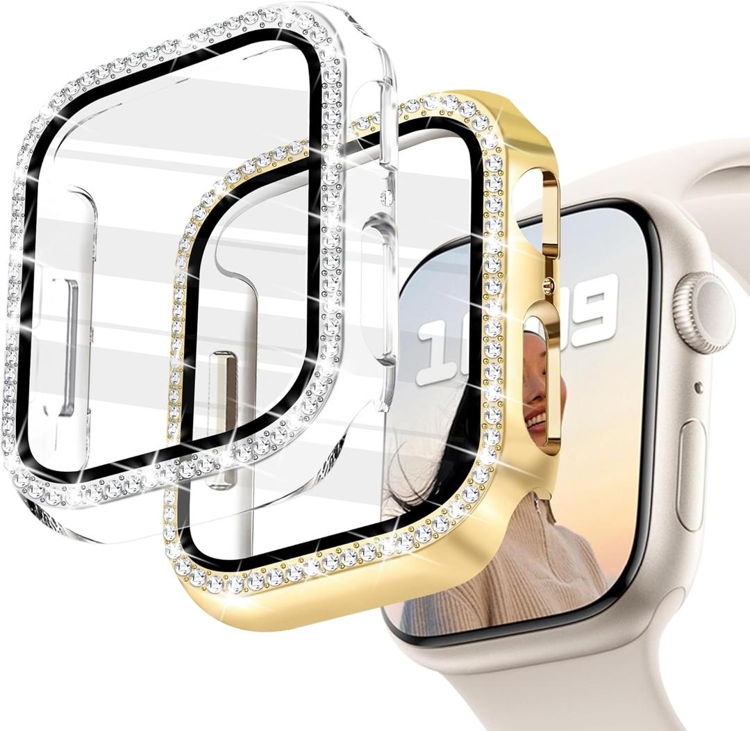 JR.DM 2 Pack Bling Case with HD Screen Protector Compatible with Apple Watch Series 4 5 6 SE 40mm, Women Glitter Diamond Rhinestone Bumper Face Cover for iWatch Accessories 40mm Clear/Gold