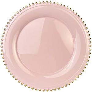 UOEKCS Pink Beaded Charger Plates, 13 Inch Plastic Round Chargers for Dinner Plates, Party, Wedding, Birthday.Set of 6
