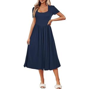 Newshows Women's Summer Square Neck Ribbed Knit Short/Long Sleeve A Line Flowy Midi Dress with Pockets, Small, Navy Blue