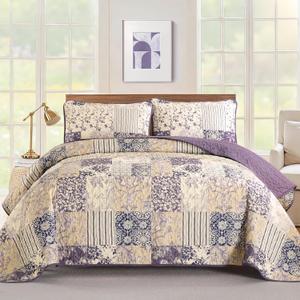 Drucon Purple Quilt Set King Size, Patchwork Pattern Spring Summer Bedspread Bedding Set, 3 Pieces Soft Lightweight Plaid Coverlet with 2 Pillow Shams for All Season 104x90 Inch