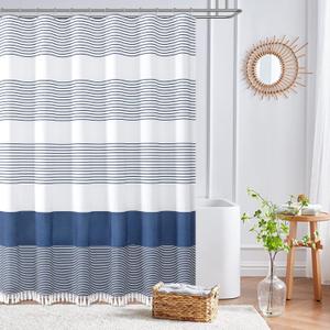 Dynamene Navy Blue Fabric Shower Curtain, Farmhouse Boho Striped Tassel Shower Curtains for Bathroom, Bohemian Linen Textured Cloth Shower Curtain Set with Hook, Water Repellent, Wrinkle Free, 72x72