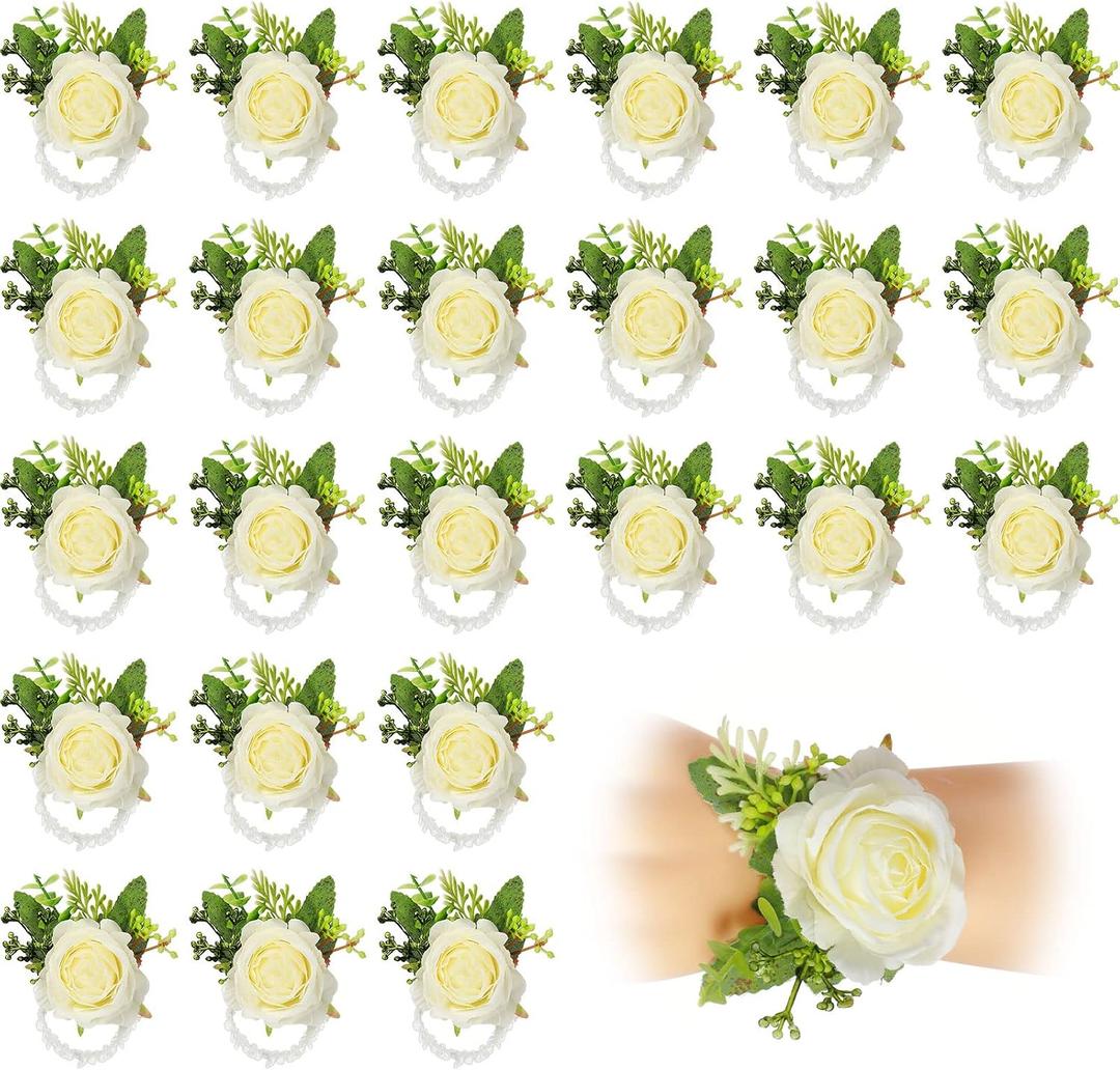 Sherr 24 Pcs Wedding Rose Wrist Corsage Wristlet Band for Bridal Bridesmaid Women Flowers Bracelets Decor Wedding Artificial Flowers for Party Prom Homecoming (White)